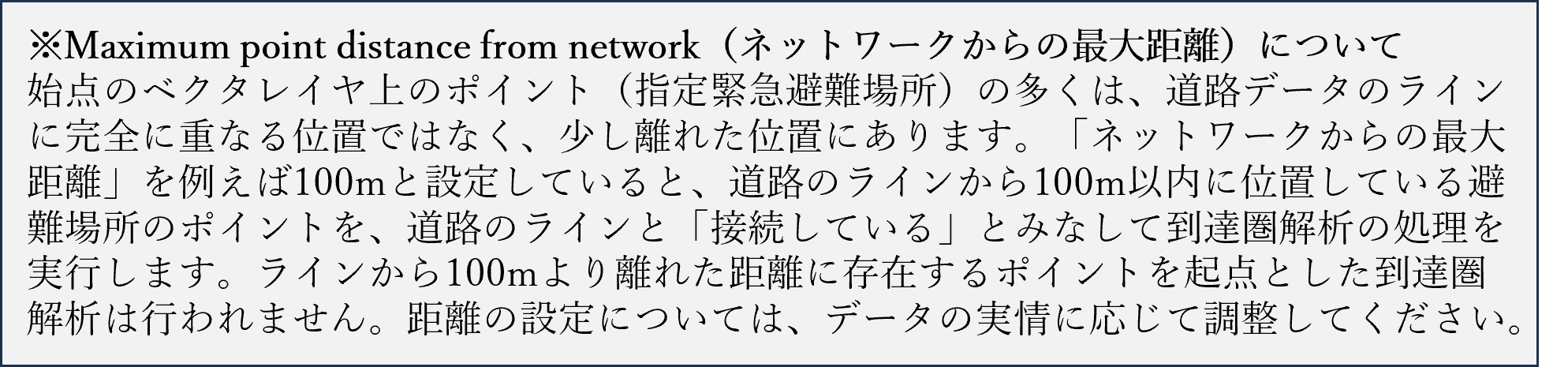 ※Maximum point distance from network（ネットワークからの最大距離）について

											始点のベクタレイヤ上のポイント（指定緊急避難場所）の多くは、道路データのラインに完全に重なる位置ではなく、少し離れた位置にあります。
											「ネットワークからの最大距離」を例えば100mと設定していると、道路のラインから100m以内に位置している避難場所のポイントを、
											道路のラインと「接続している」とみなして到達圏解析の処理を実行します。
											ラインから100mより離れた距離に存在するポイントを起点とした到達圏解析は行われません。
											距離の設定については、データの実情に応じて調整してください。
